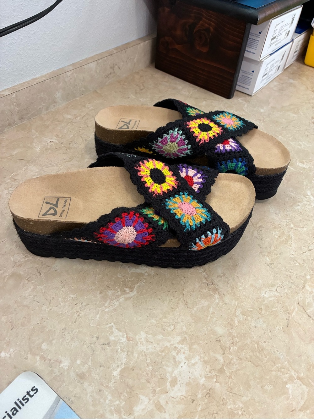 Dirty Laundry Black Crochet Crossband Slide Sandals with Multi-Color Accents